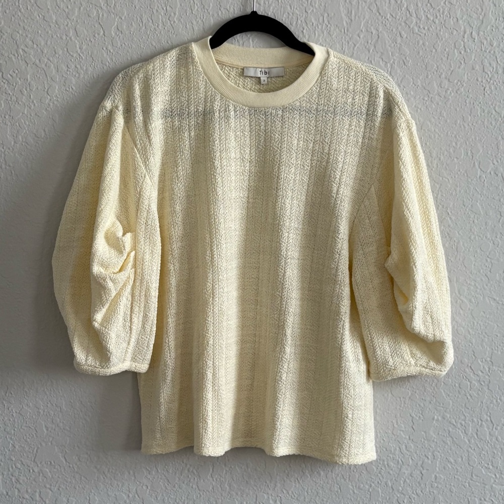 Tibi Handspun Knit Cream Top Pleat Sleeve Cotton Crew Neck Sweater